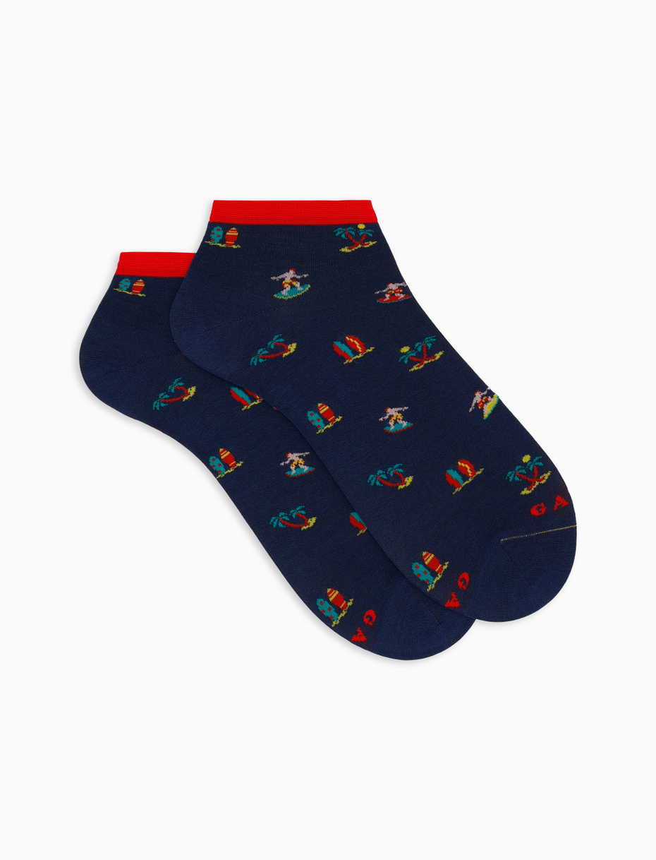 Men's blue cotton ankle socks with surfing motif - Gallo 1927 - Official Online Shop