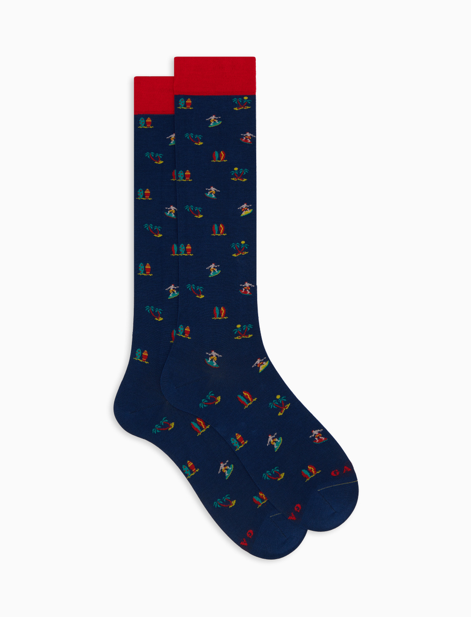 Women's long blue cotton socks with surfing motif - Gallo 1927 - Official Online Shop