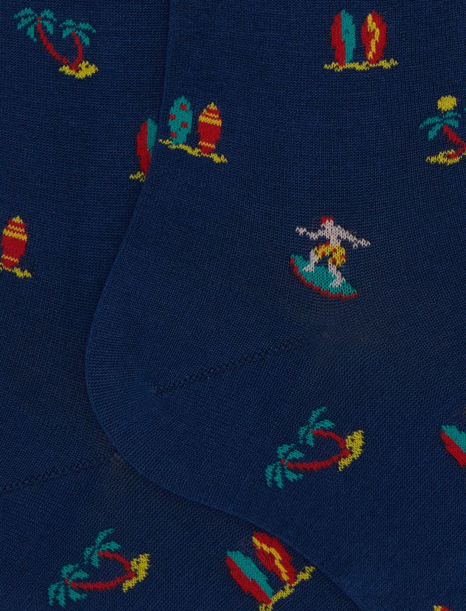 Women's long blue cotton socks with surfing motif - Gallo 1927 - Official Online Shop