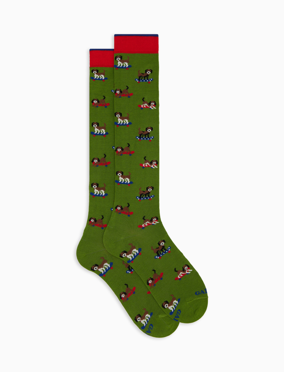 Men's long green cotton socks with dog motif - Gallo 1927 - Official Online Shop