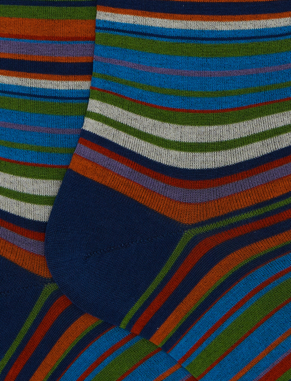 Men's long blue cotton socks with 7-colour pinstripe pattern - Gallo 1927 - Official Online Shop