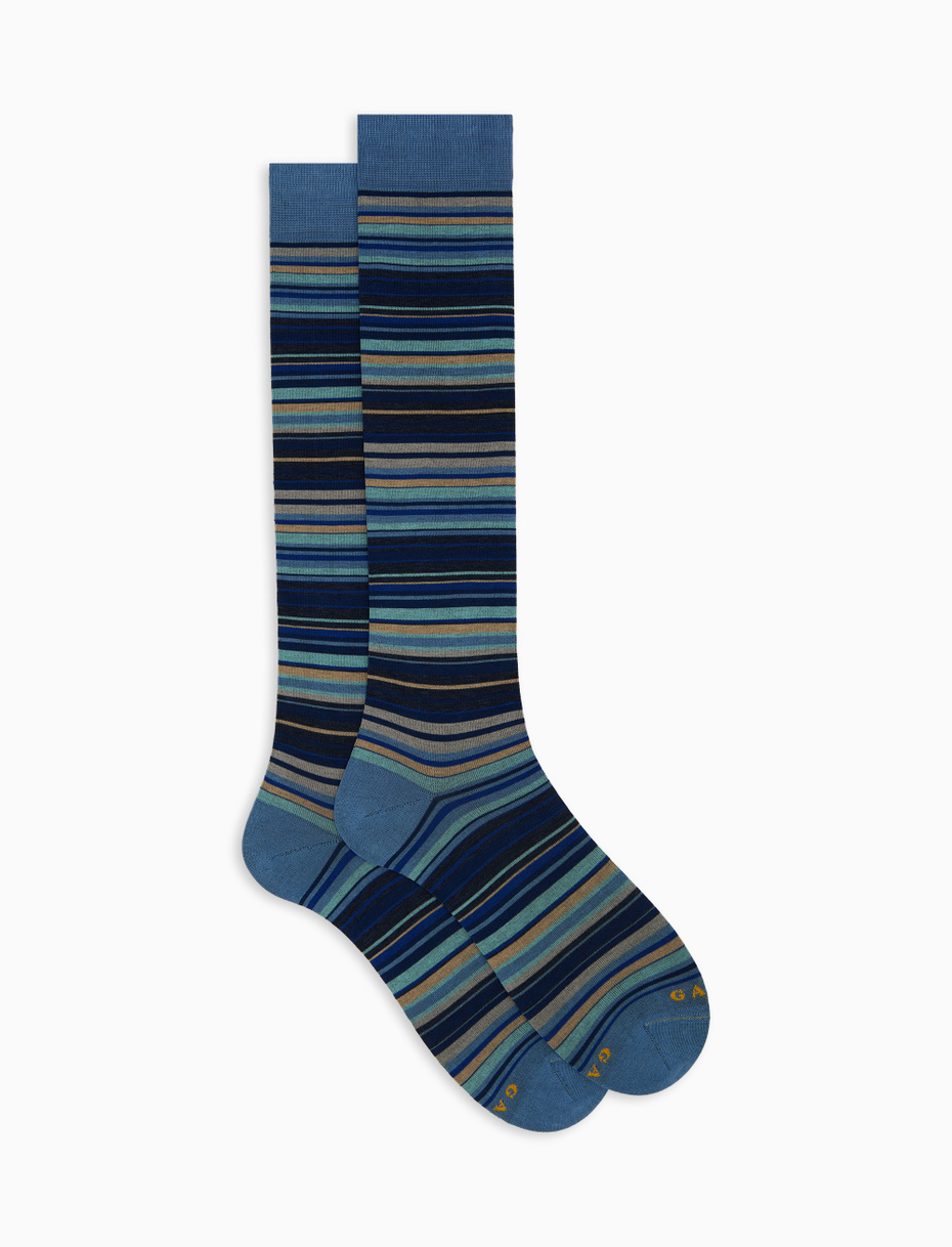 Men's long blue cotton socks with 7-colour pinstripe pattern - Gallo 1927 - Official Online Shop