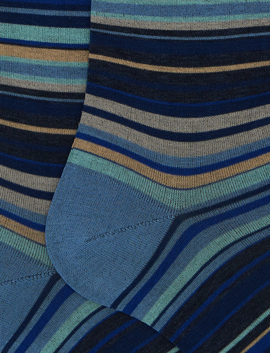 Men's long blue cotton socks with 7-colour pinstripe pattern - Gallo 1927 - Official Online Shop