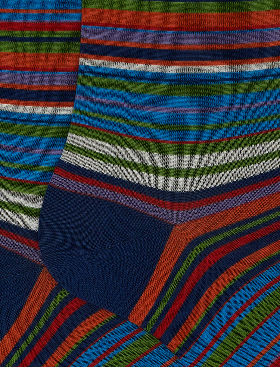 Men's short blue cotton socks with 7-colour pinstripe pattern - Gallo 1927 - Official Online Shop