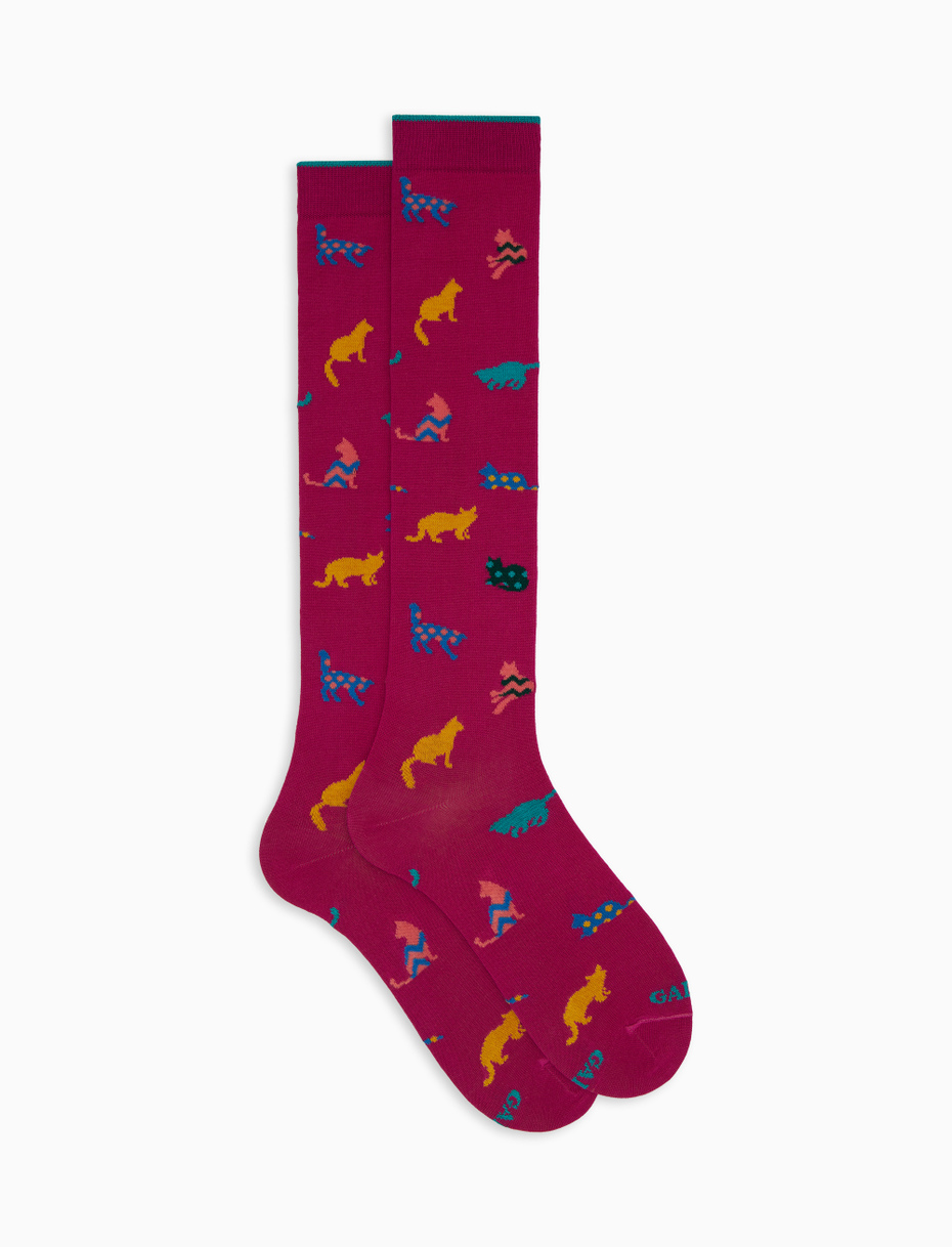 Women's long fuchsia cotton socks with cat motif - Gallo 1927 - Official Online Shop