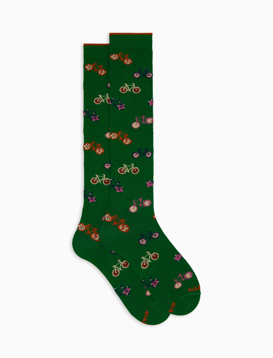 Men's long green cotton socks with bicycle motif - Gallo 1927 - Official Online Shop