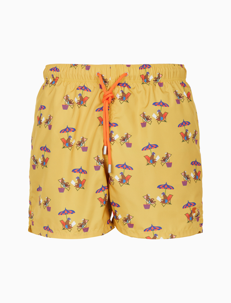 Men's yellow swimming shorts with beach monkey motif - Gallo 1927 - Official Online Shop