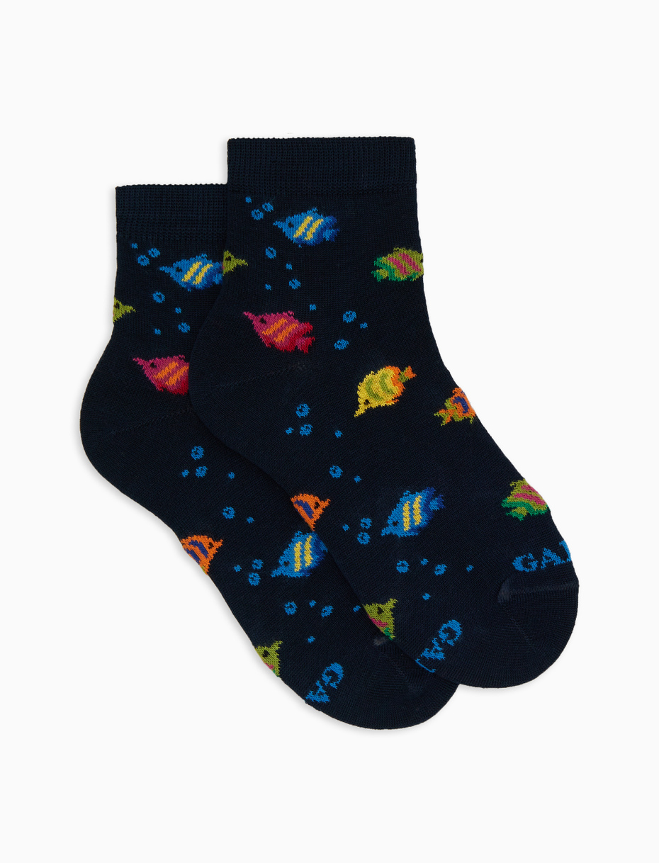 Kids' super short blue cotton socks with striped-fish motif - Gallo 1927 - Official Online Shop