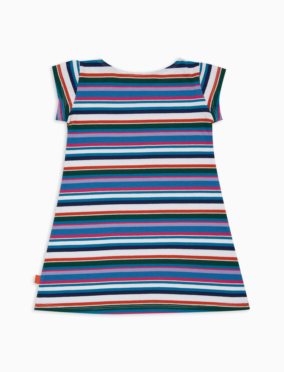 Girls' white A-line cotton dress with multicoloured striped sleeves - Gallo 1927 - Official Online Shop