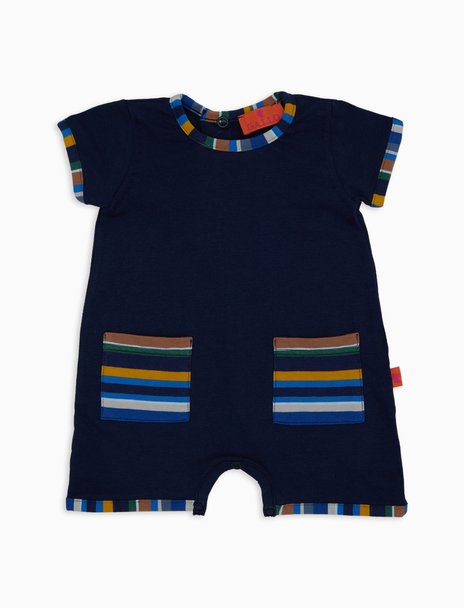 Kids' plain blue cotton romper with multicoloured striped pockets - Gallo 1927 - Official Online Shop
