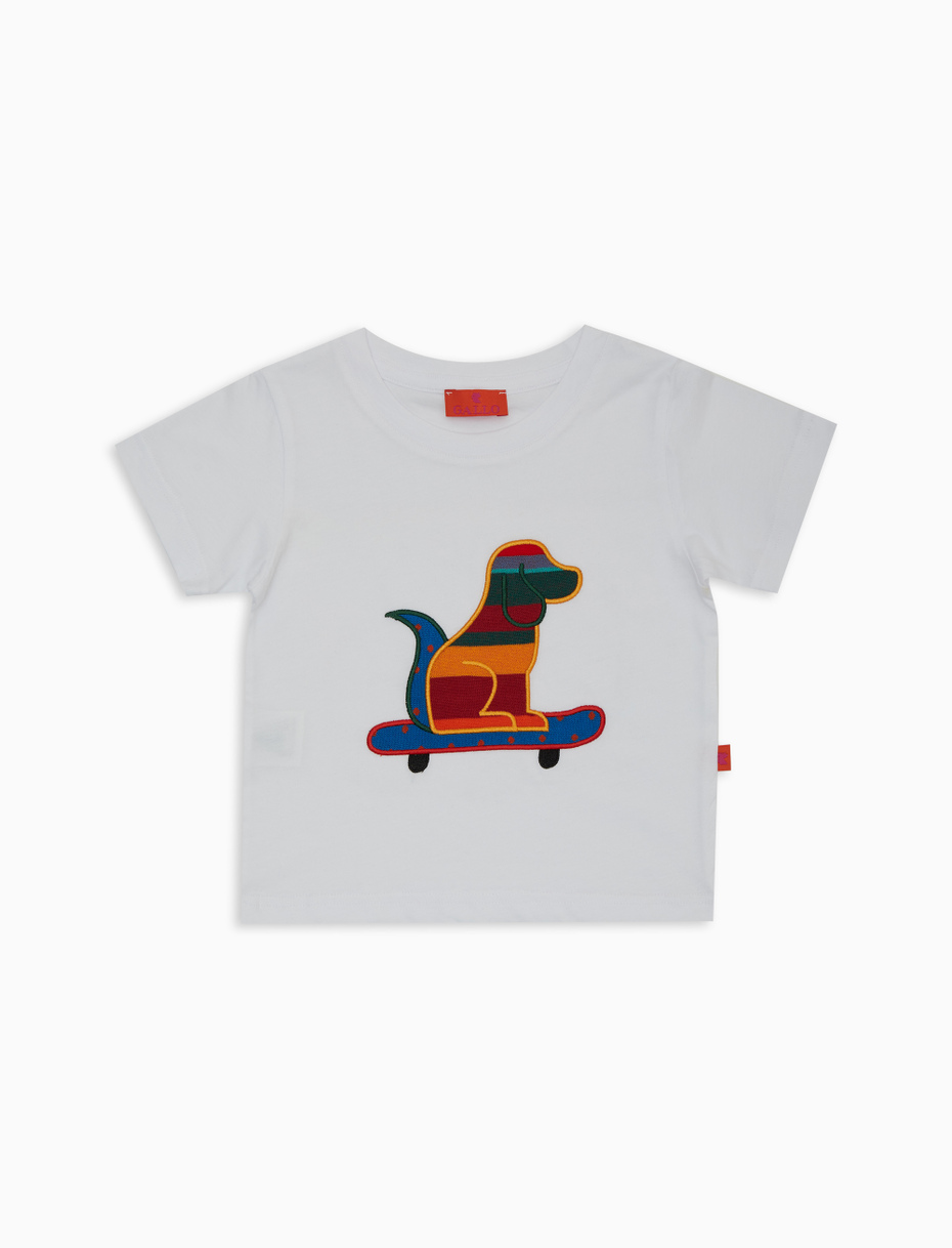 Kids' plain white cotton T-shirt with skating dog embroidery - Gallo 1927 - Official Online Shop