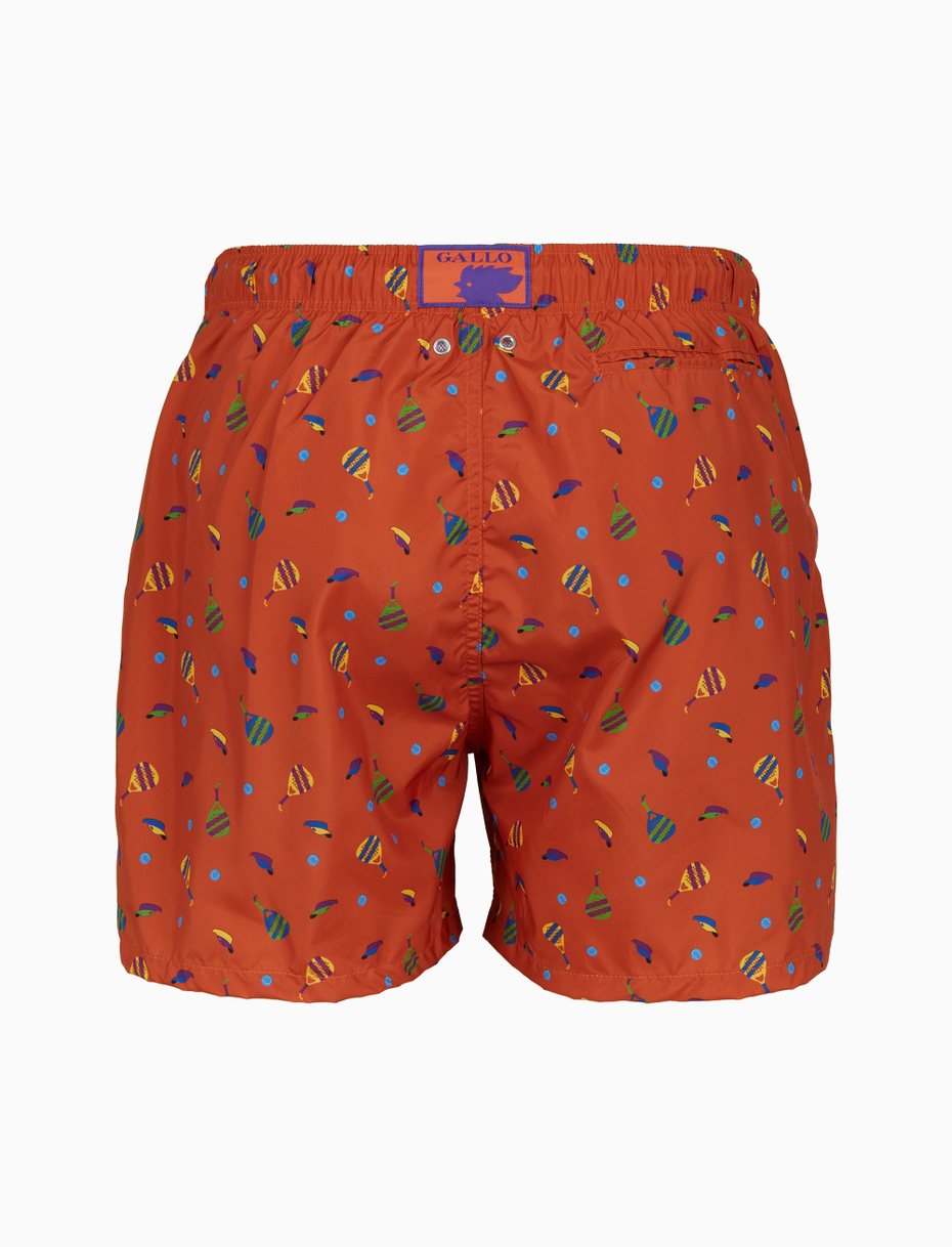 Men's orange swimming shorts with padel racquet motif - Gallo 1927 - Official Online Shop