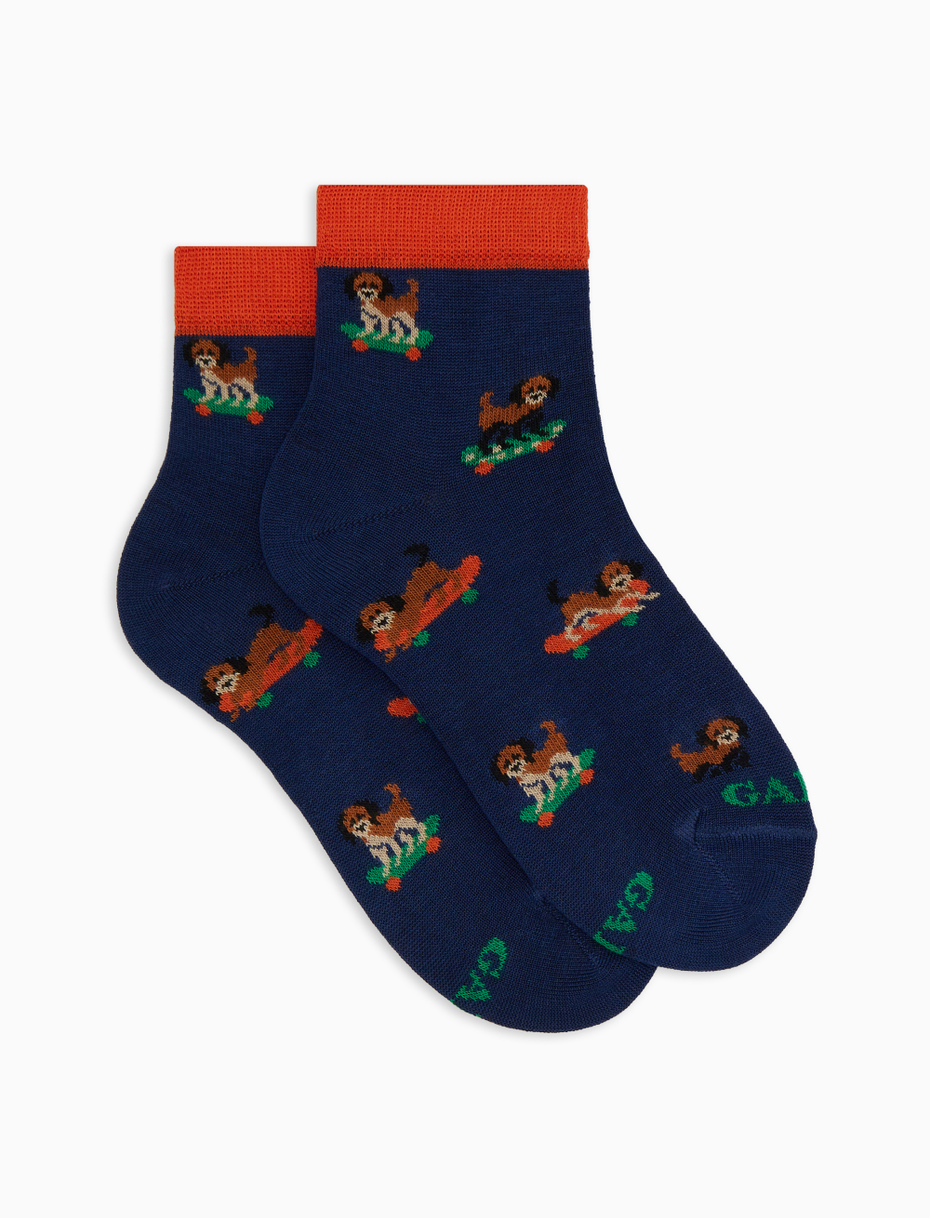 Kids' super short blue cotton socks with dog motif - Gallo 1927 - Official Online Shop