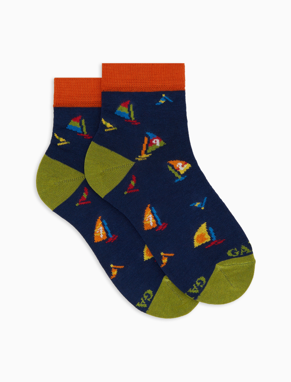 Kids' super short blue cotton socks with windsurfing motif - Gallo 1927 - Official Online Shop