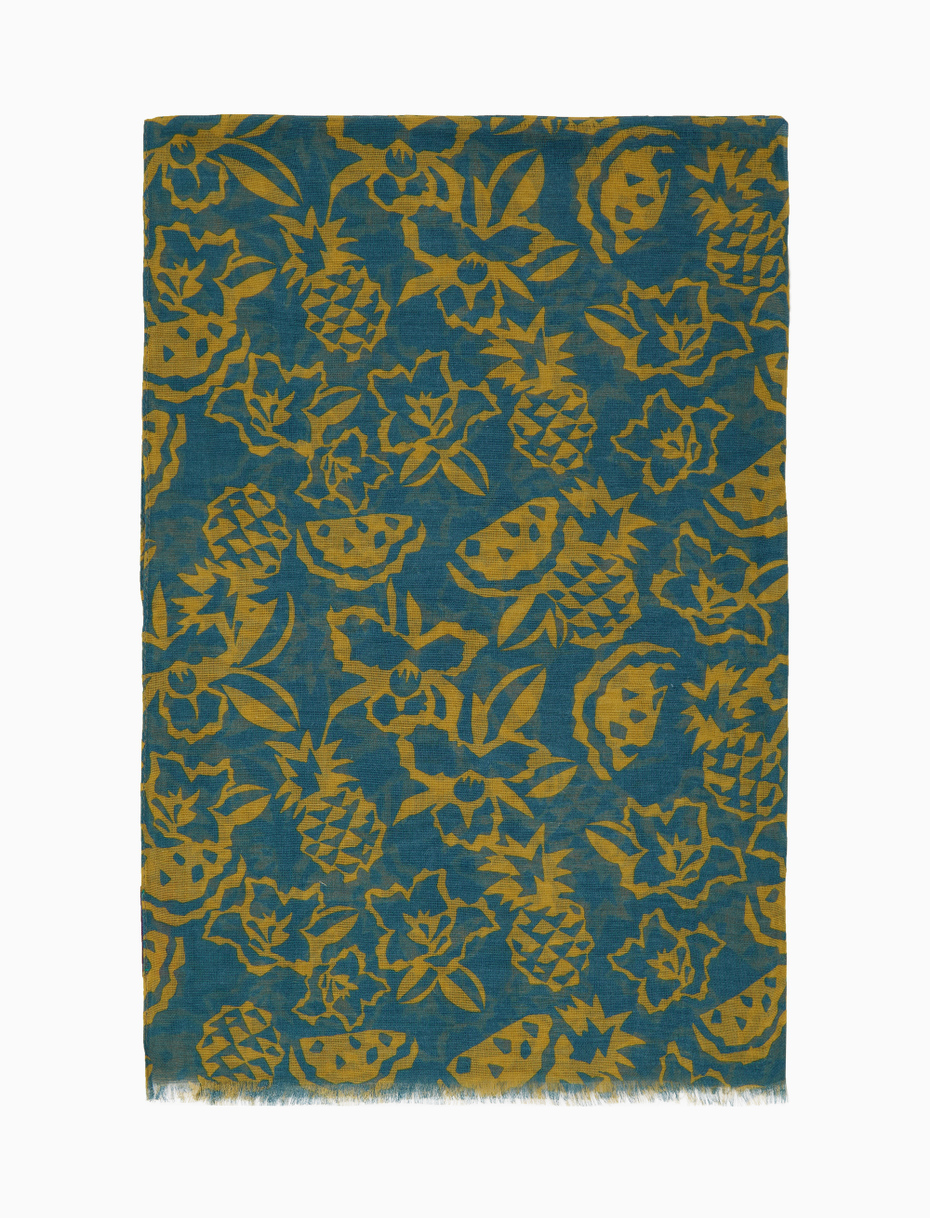 Unisex light blue lightweight cotton/linen scarf with flower, pineapple and watermelon motif - Gallo 1927 - Official Online Shop