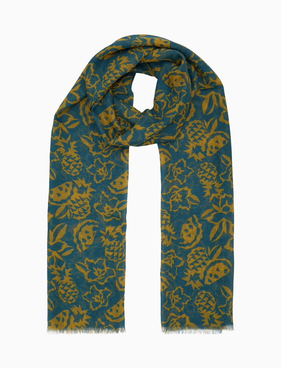 Unisex light blue lightweight cotton/linen scarf with flower, pineapple and watermelon motif - Gallo 1927 - Official Online Shop