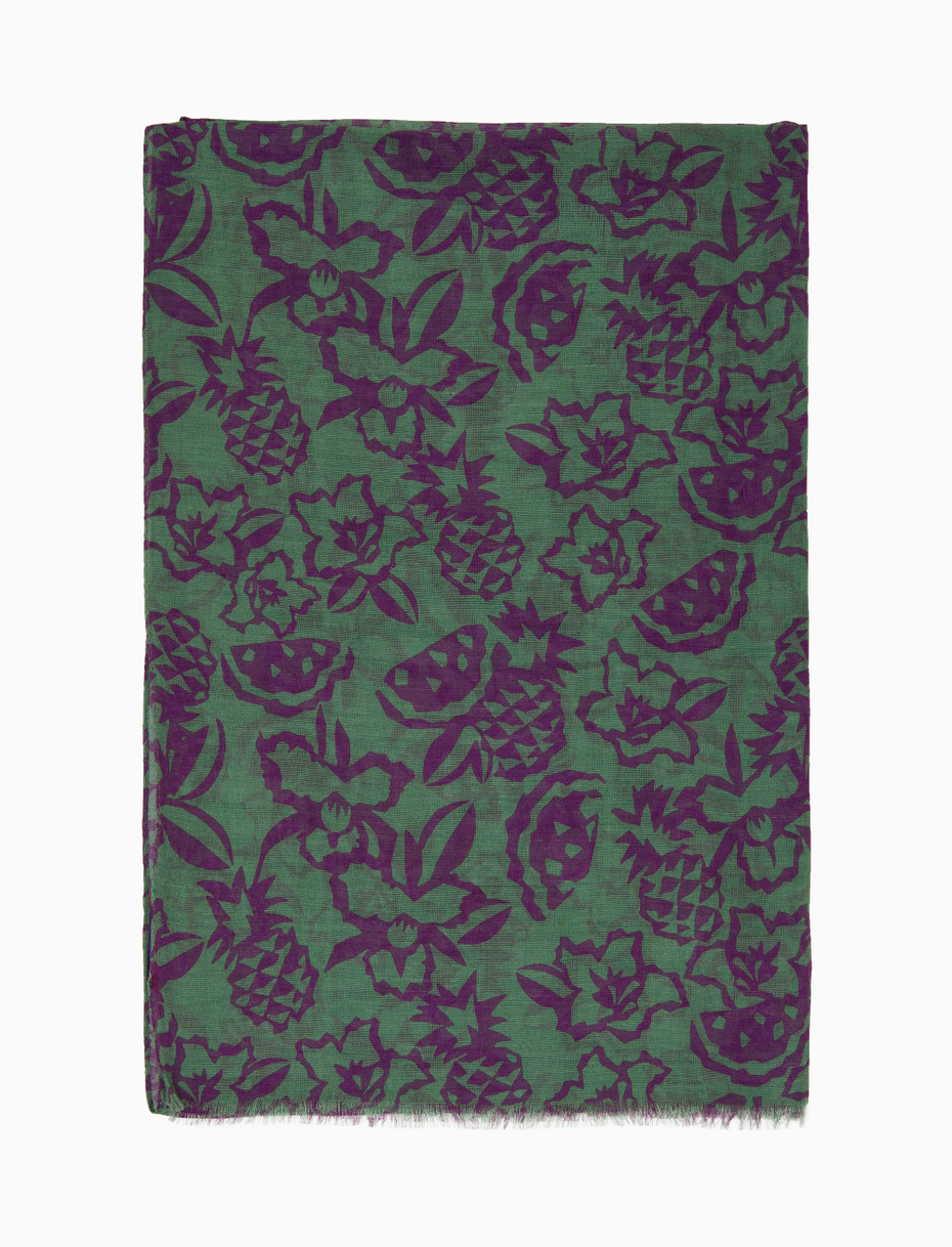 Unisex green lightweight cotton/linen scarf with flower, pineapple and watermelon motif - Gallo 1927 - Official Online Shop