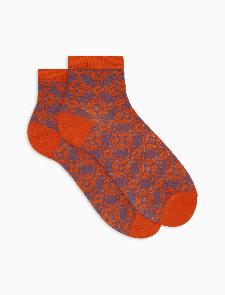 Women's super short orange cotton socks with diamond and circle motif - Gallo 1927 - Official Online Shop