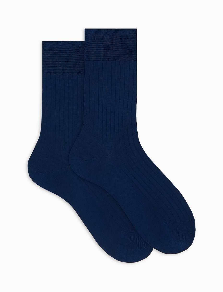 Women's short plain blue ribbed cotton socks - Gallo 1927 - Official Online Shop