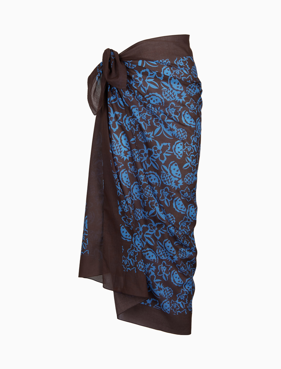 Women's brown cotton sarong with pineapple, watermelon and flower motif and plain edge - Gallo 1927 - Official Online Shop