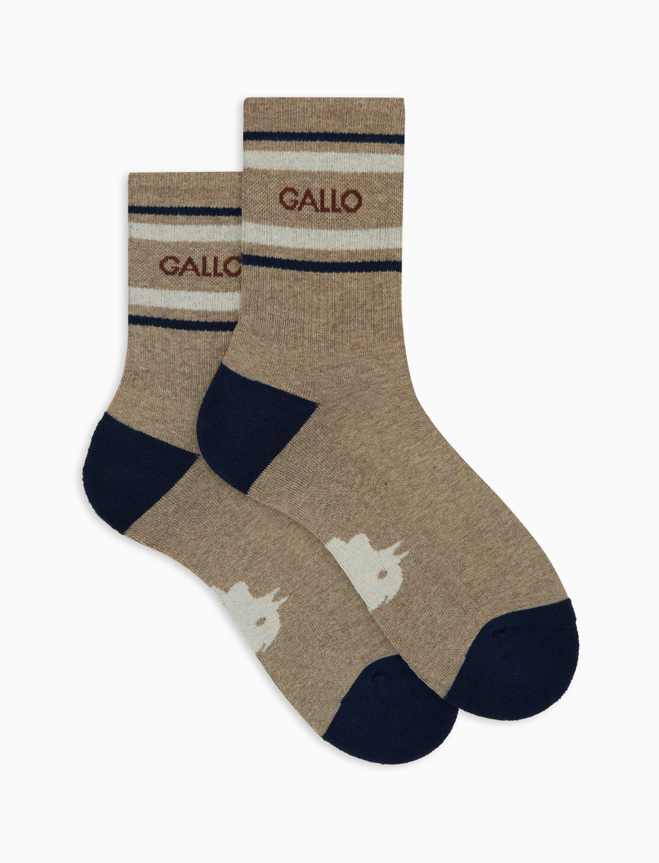 Unisex short beige cotton terry cloth socks with stripes - Gallo 1927 - Official Online Shop