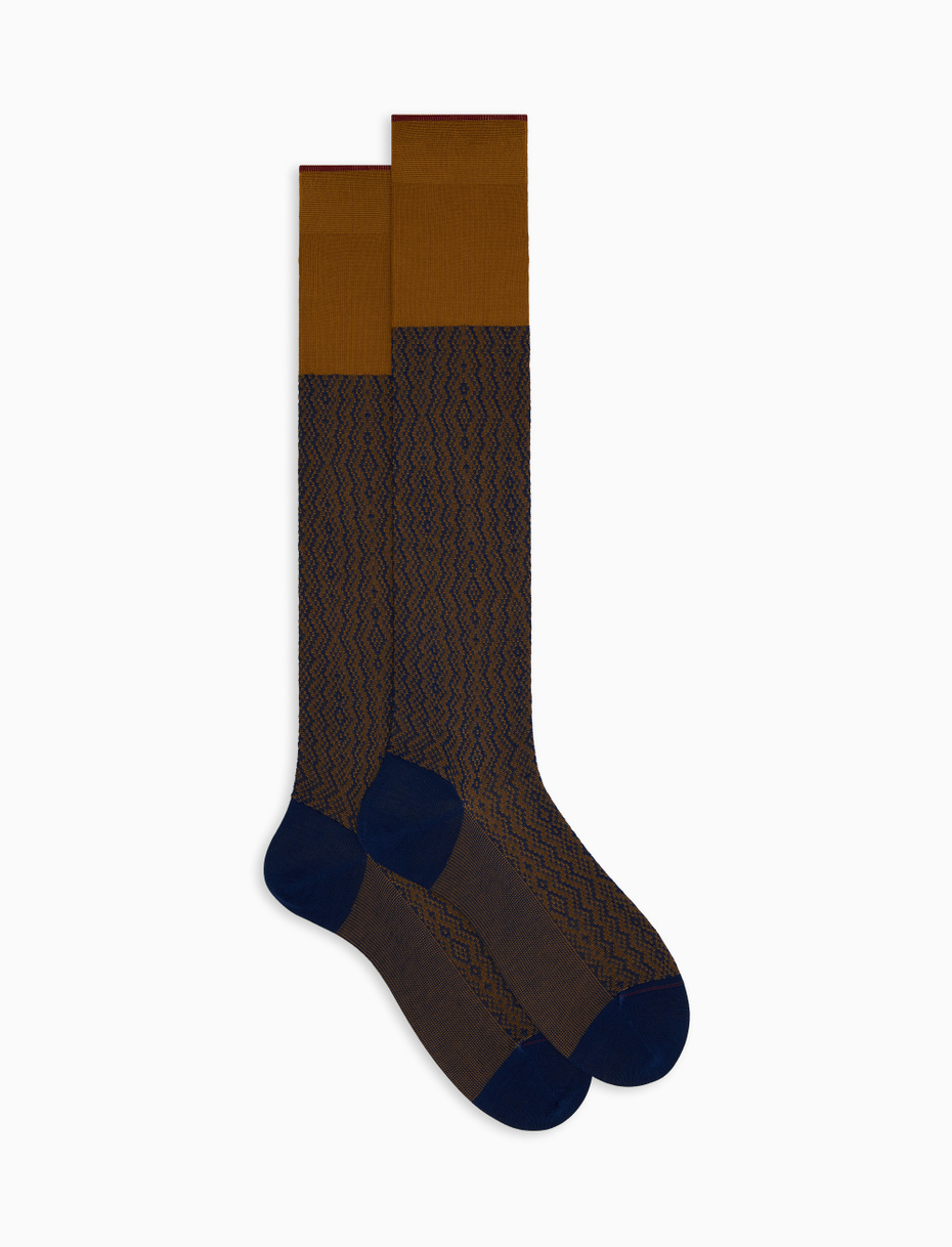 Men's long blue cotton socks with vertical chevron motif - Gallo 1927 - Official Online Shop