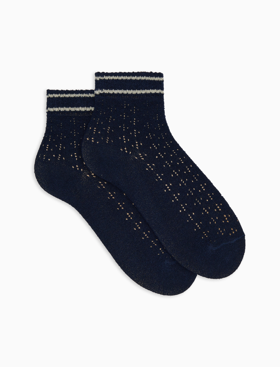 Women's super short plain blue cotton socks with lurex stripes - Gallo 1927 - Official Online Shop