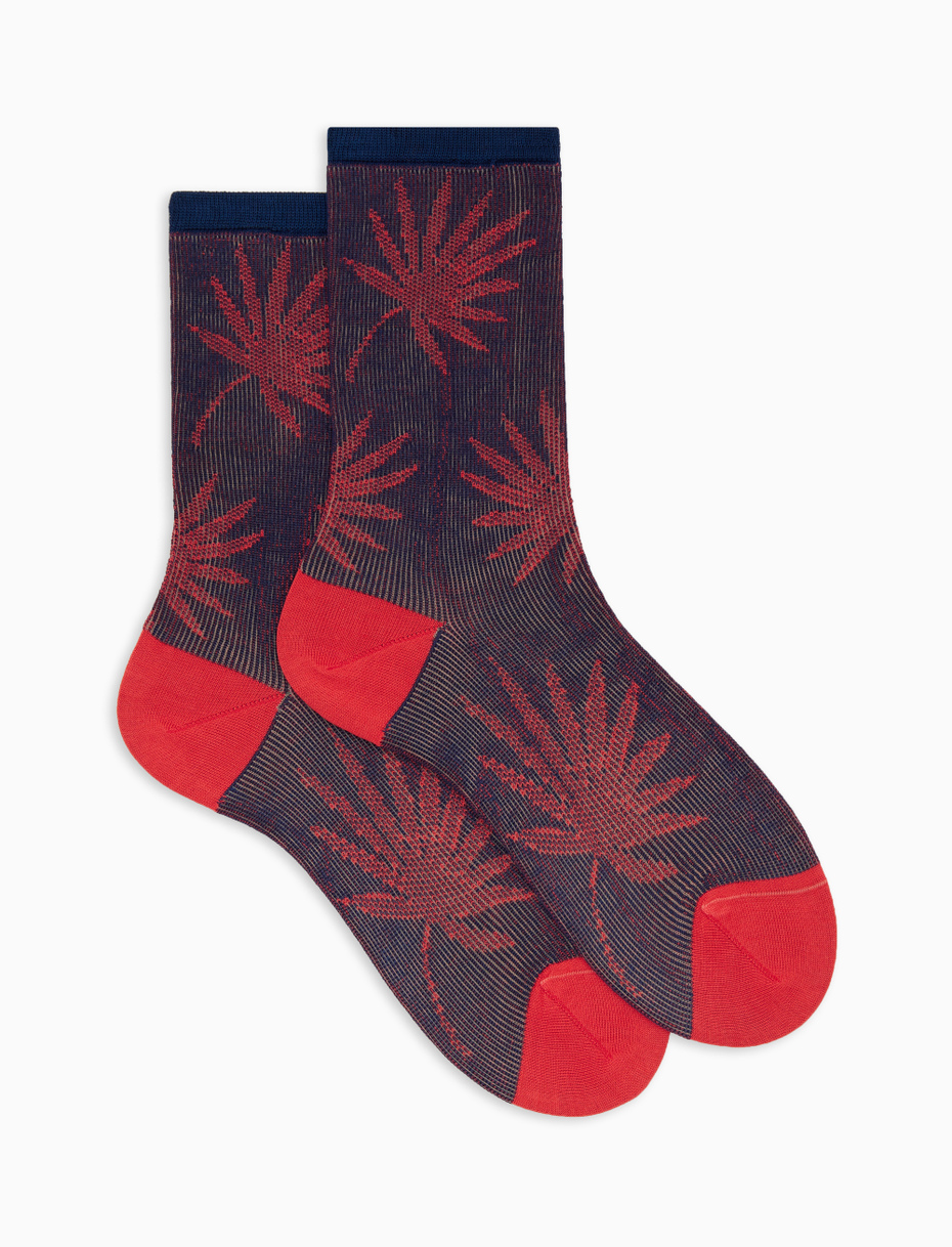 Women's short blue cotton socks with leaf motif - Gallo 1927 - Official Online Shop