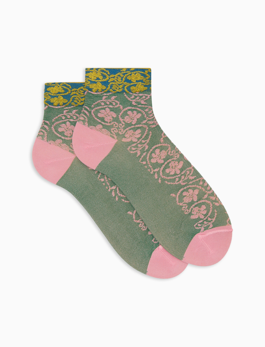 Women's super short green viscose socks with ramage motif and contrasting cuff - Gallo 1927 - Official Online Shop