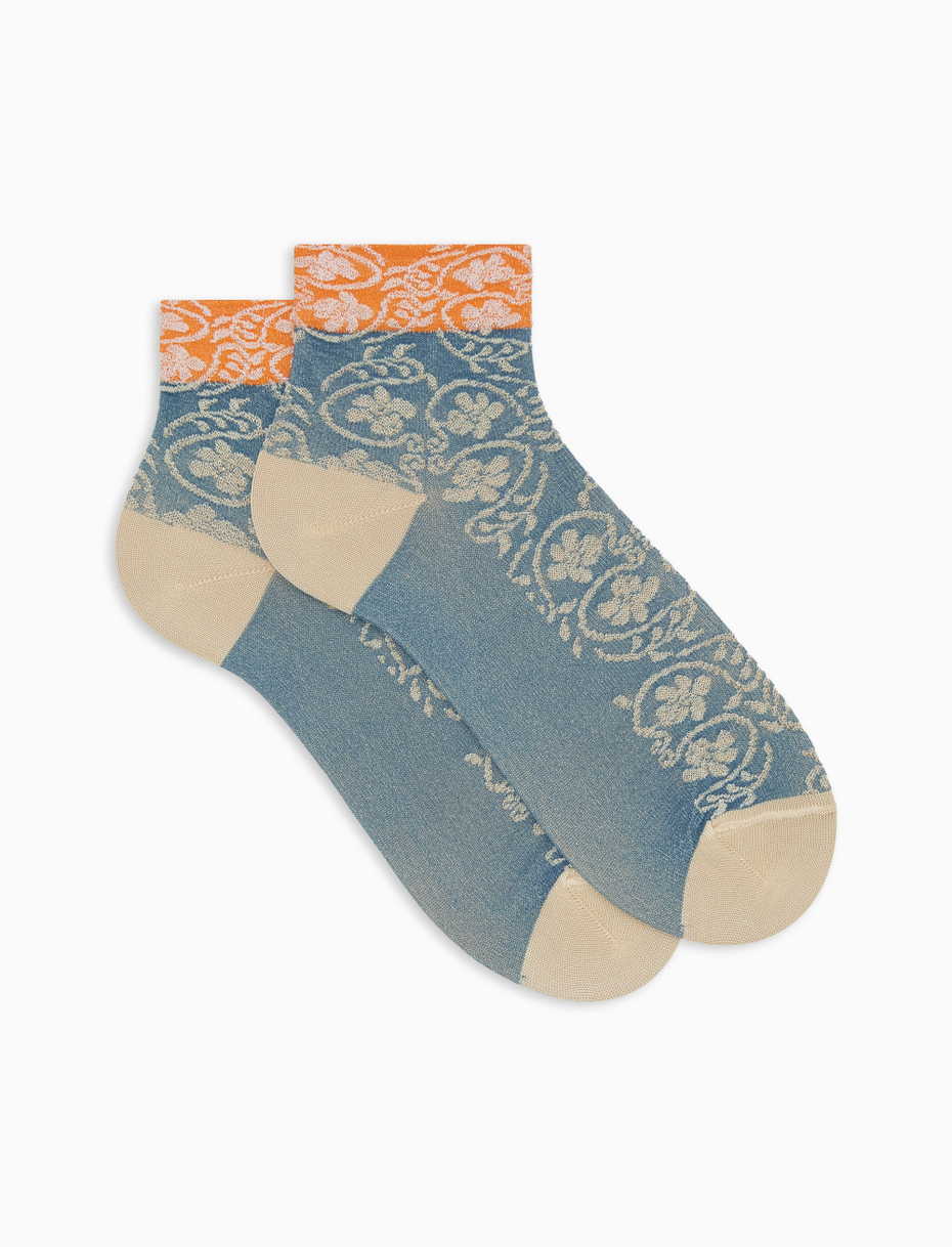 Women's super short light blue viscose socks with ramage motif and contrasting cuff - Gallo 1927 - Official Online Shop
