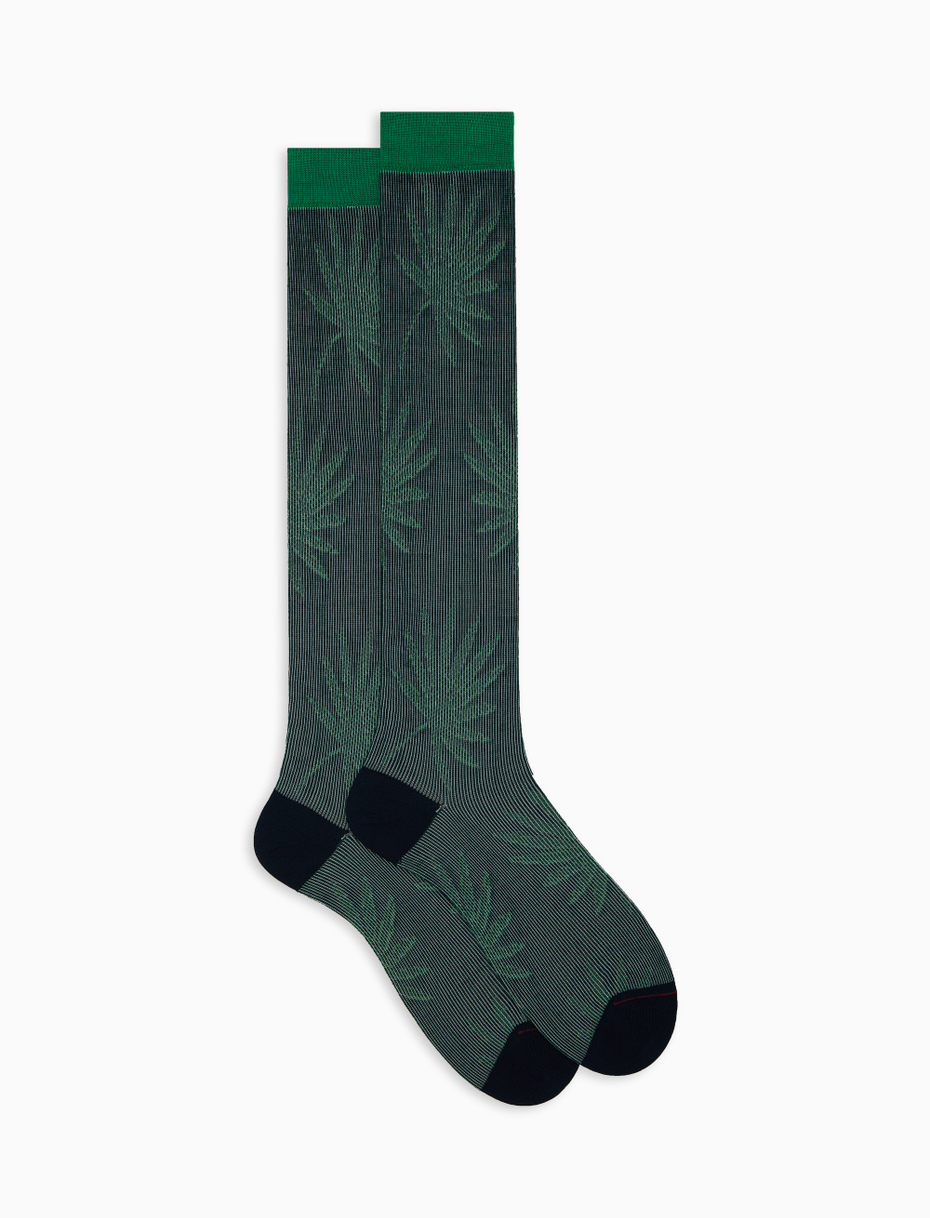Men's long blue cotton socks with leaf motif - Gallo 1927 - Official Online Shop