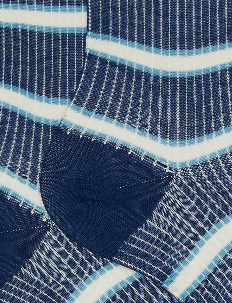 Women's medium-short blue cotton socks with stripes and ribbing - Gallo 1927 - Official Online Shop