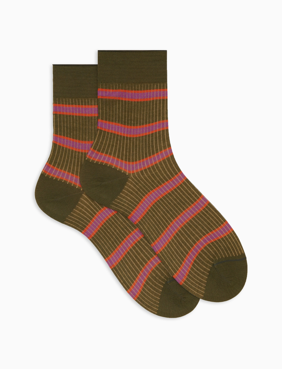 Women's medium-short green cotton socks with stripes and ribbing - Gallo 1927 - Official Online Shop