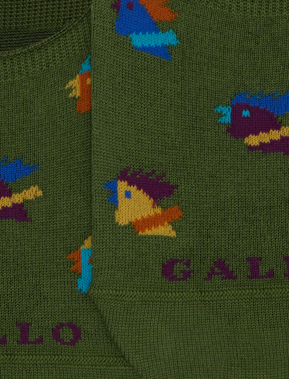 Unisex green cotton invisible socks with multicoloured rooster motif - Gallo 1927 - Official Online Shop