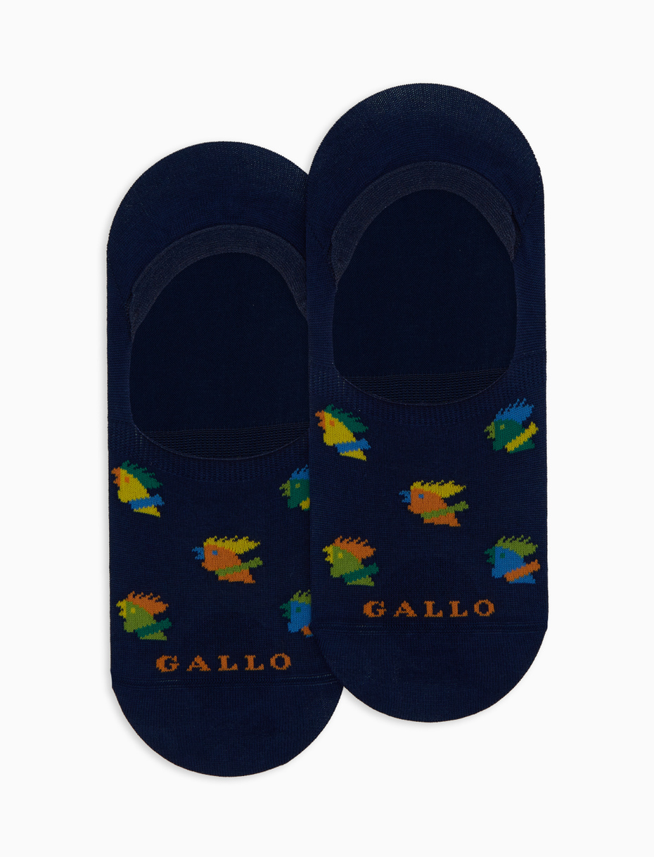 Unisex blue cotton invisible socks with multicoloured rooster motif - Gallo 1927 - Official Online Shop