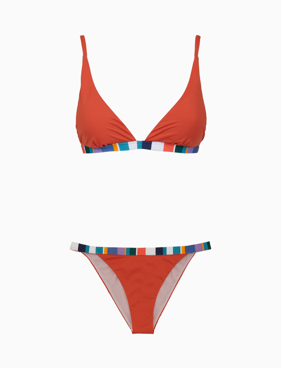 Women's plain orange triangle bikini with multicoloured edging - Gallo 1927 - Official Online Shop