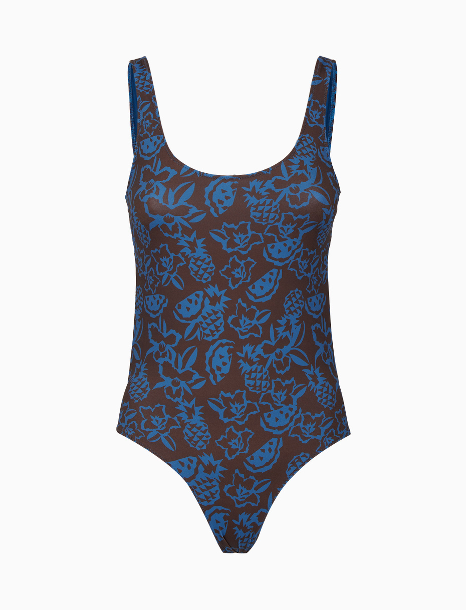 Women's brown one-piece swimsuit with pineapple, watermelon and flower motif - Gallo 1927 - Official Online Shop