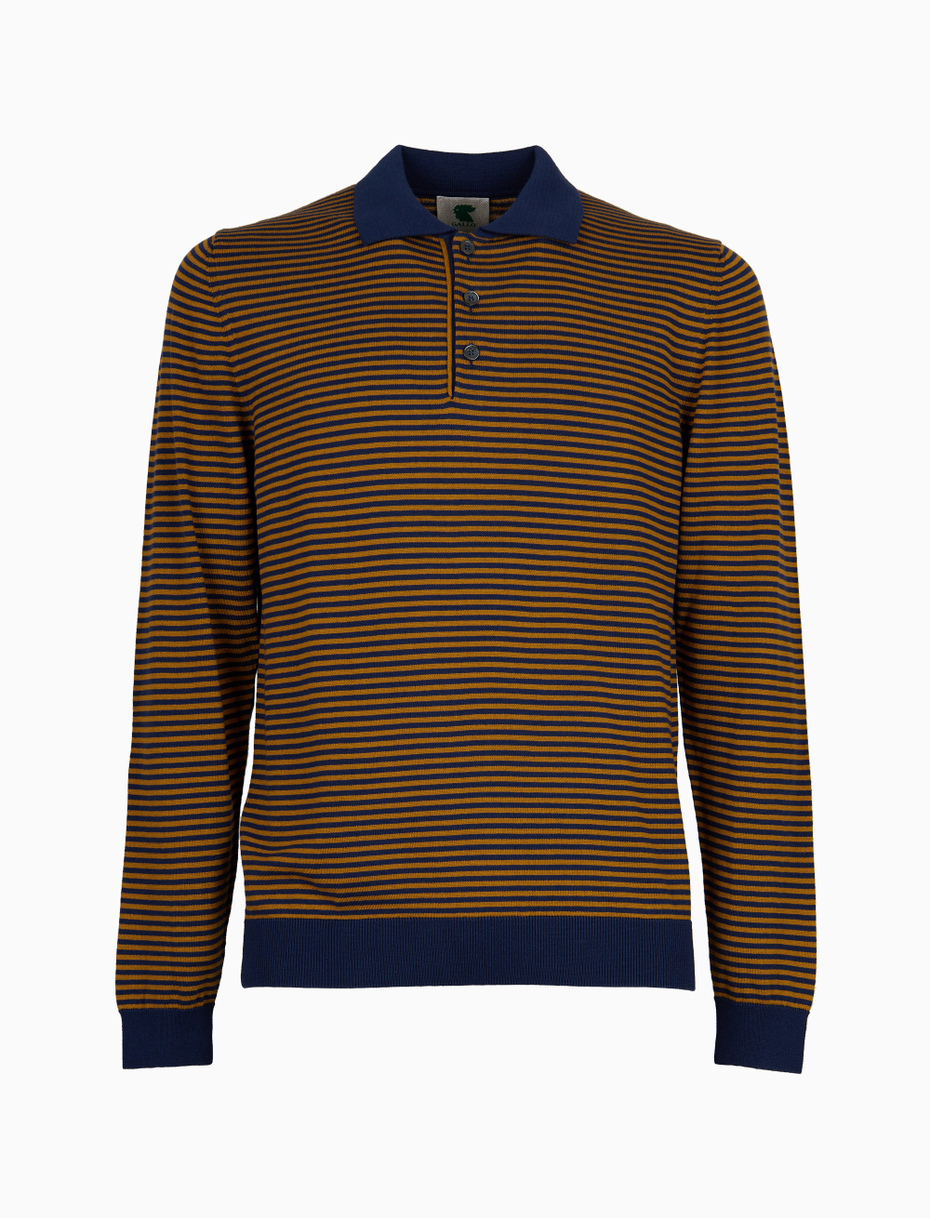 Men's blue long-sleeved stocking-stitched polo shirt with Windsor stripes - Gallo 1927 - Official Online Shop