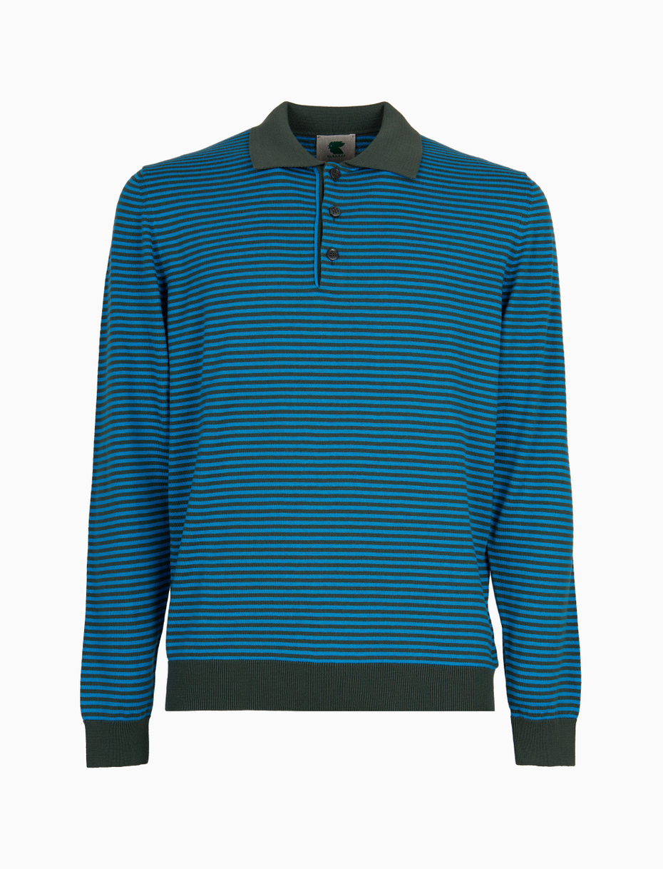 Men's green long-sleeved stocking-stitched polo shirt with Windsor stripes - Gallo 1927 - Official Online Shop