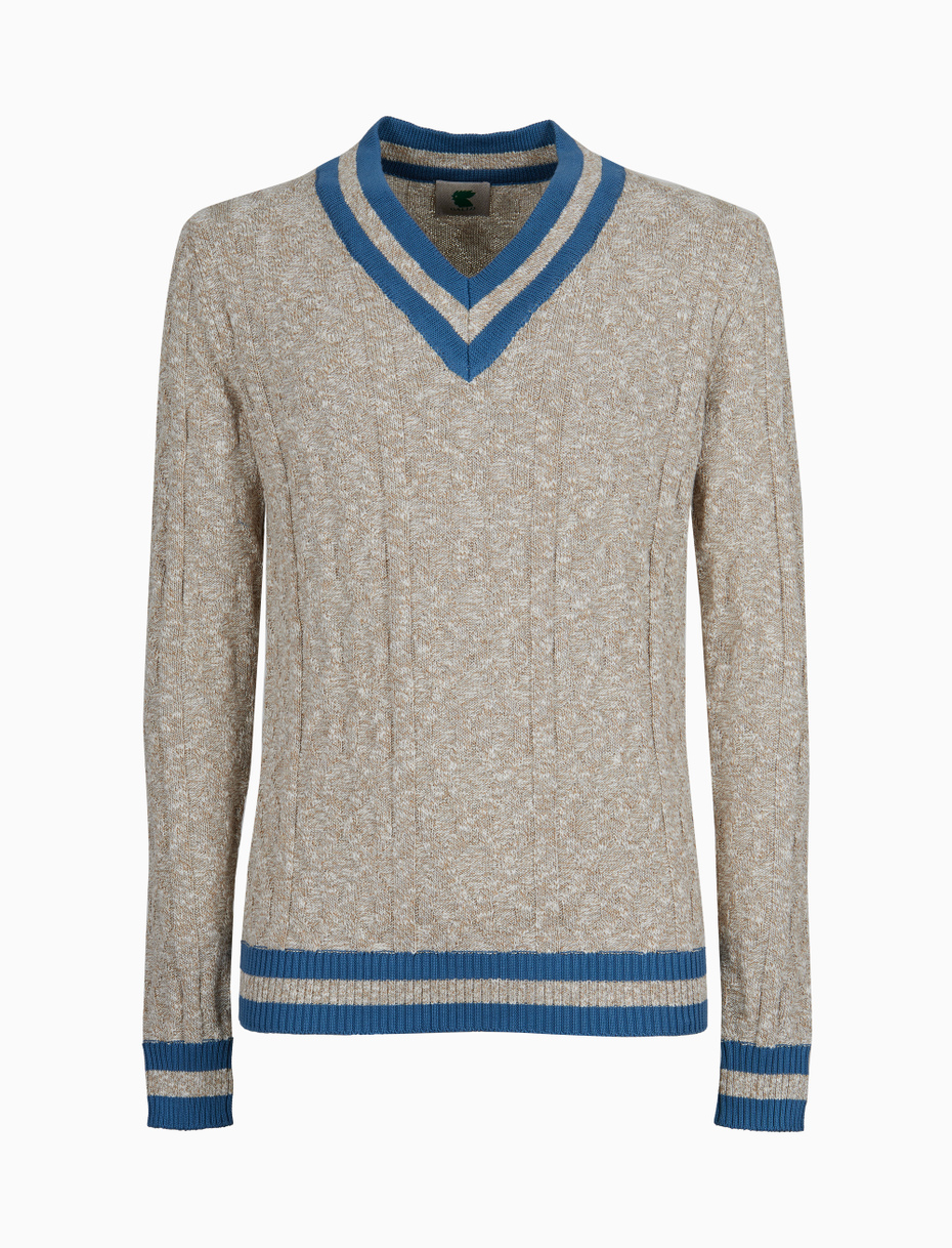 Unisex plain beige cotton V-neck pullover with contrasting striped edging - Gallo 1927 - Official Online Shop
