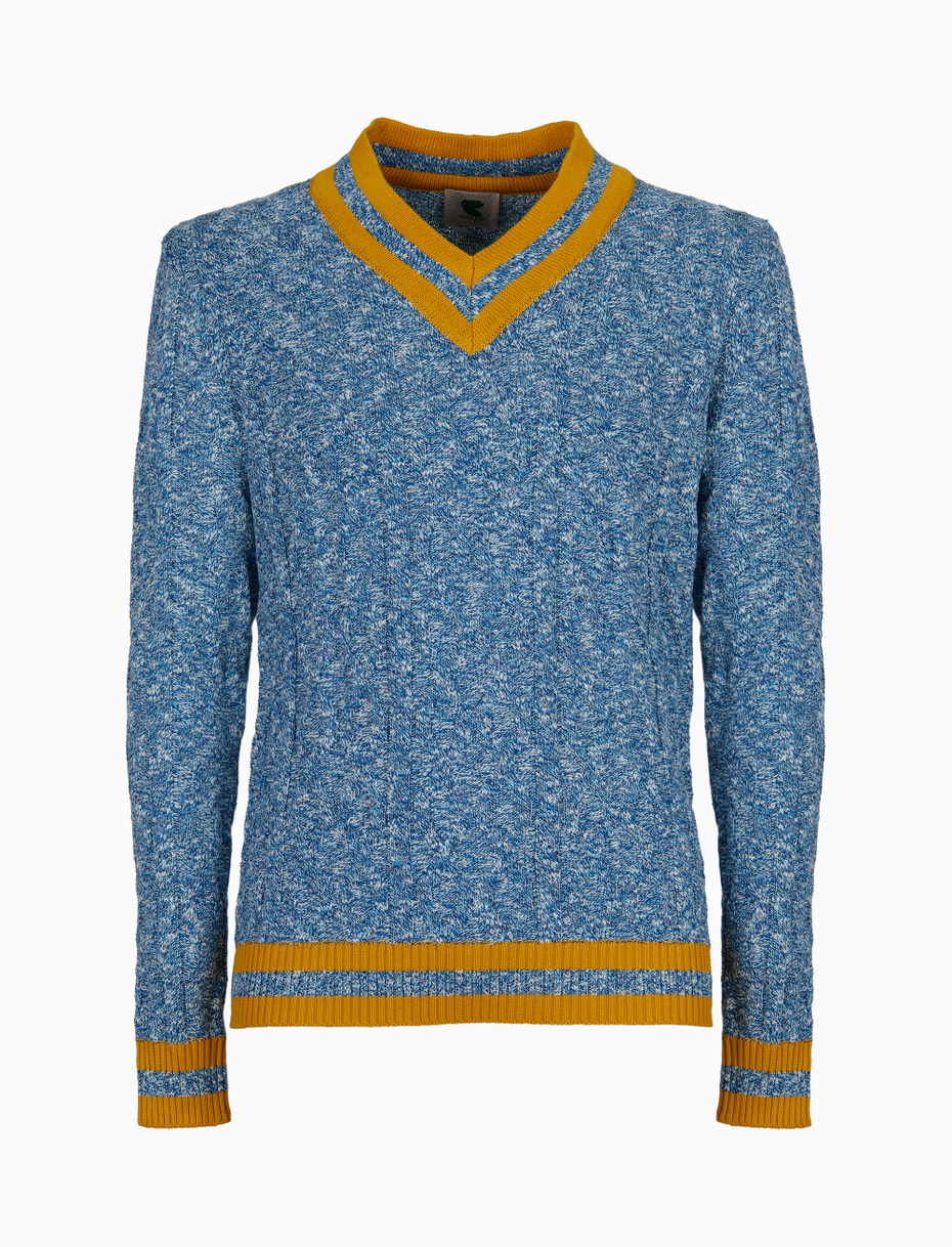 Unisex plain blue cotton V-neck pullover with contrasting striped edging - Gallo 1927 - Official Online Shop