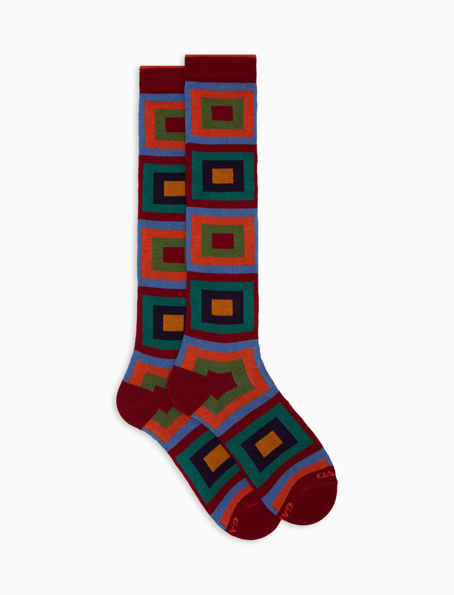 Men's long red cotton socks with concentric square motif - Gallo 1927 - Official Online Shop