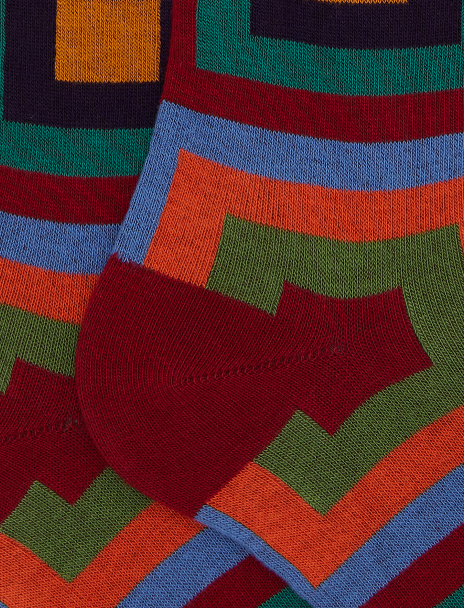 Men's long red cotton socks with concentric square motif - Gallo 1927 - Official Online Shop