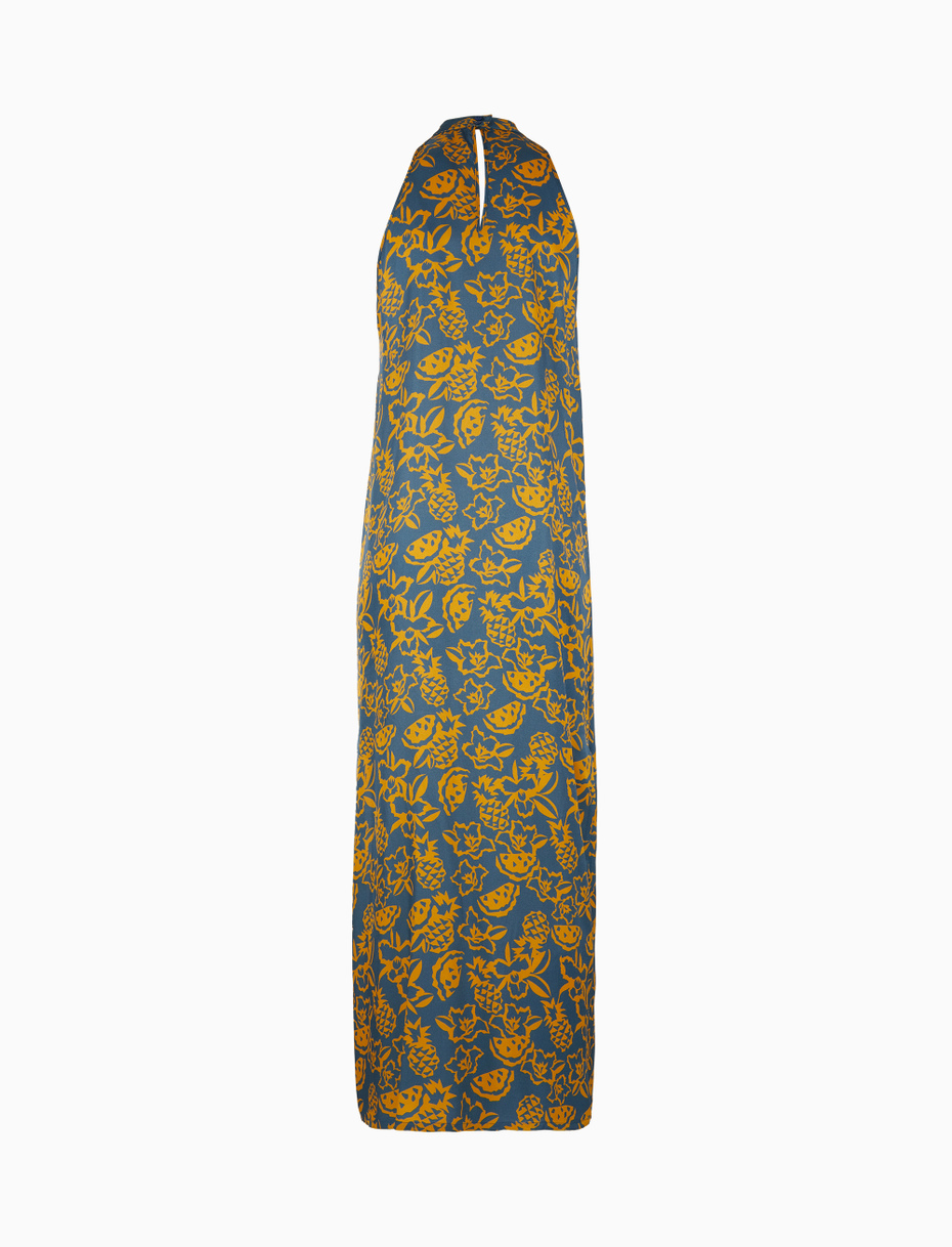 Women's long dress with American shoulder light blue patterned flowers, pineapples and watermelons - Gallo 1927 - Official Online Shop