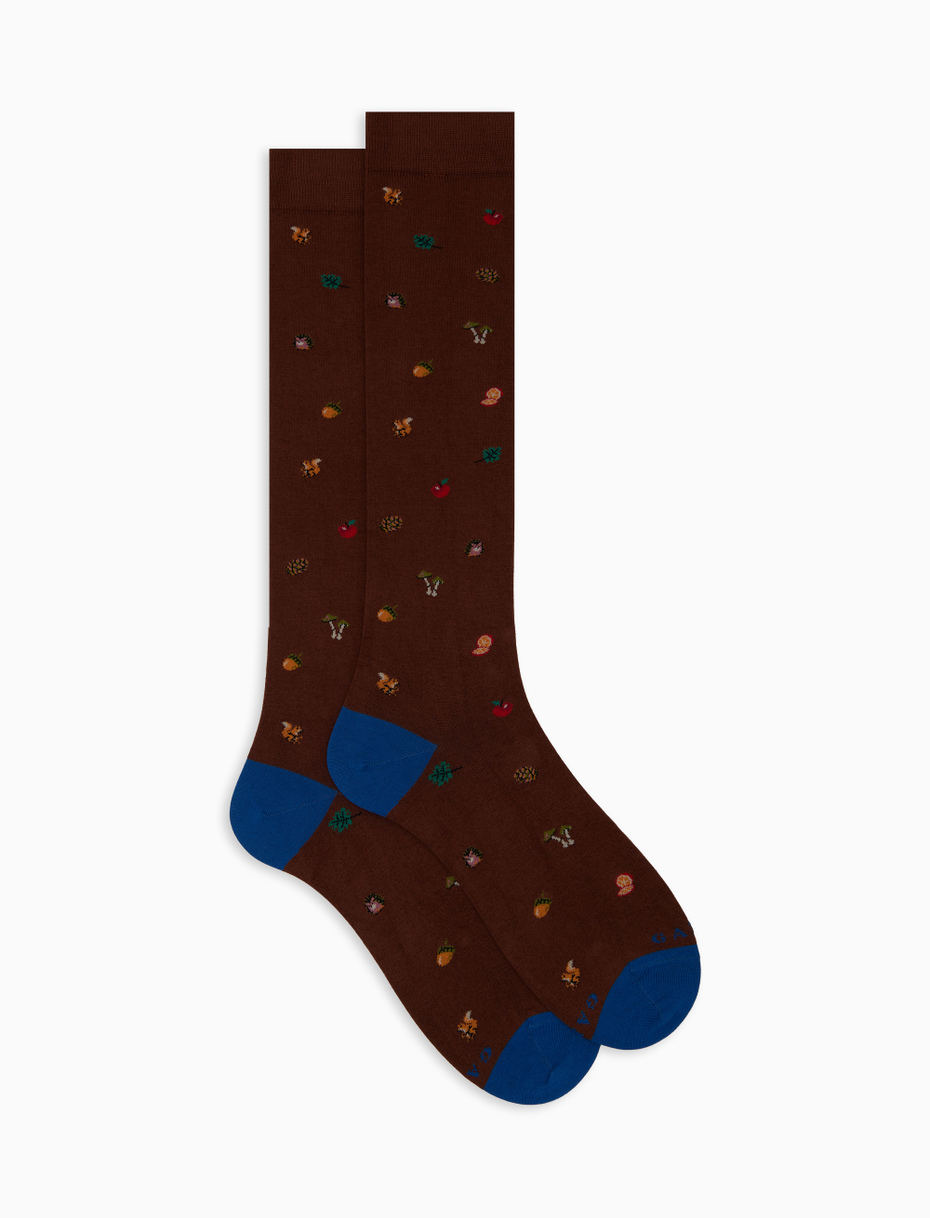 Men's long brown cotton socks with autumn motif - Gallo 1927 - Official Online Shop