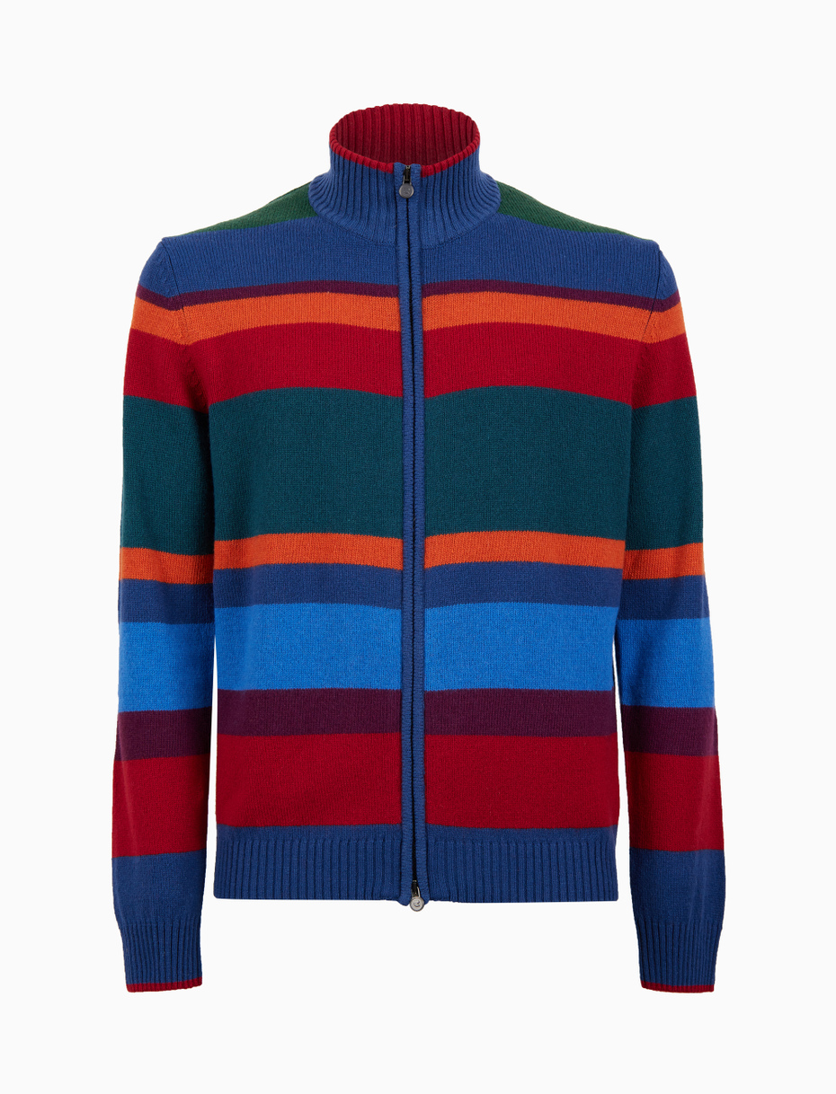 Men s blue wool viscose and cashmere mock neck with multicoloured stripes Gallo