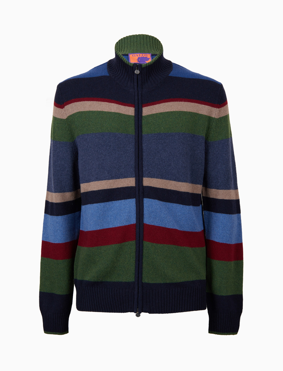 Men's blue wool, viscose and cashmere mock-neck with multicoloured stripes - Gallo 1927 - Official Online Shop