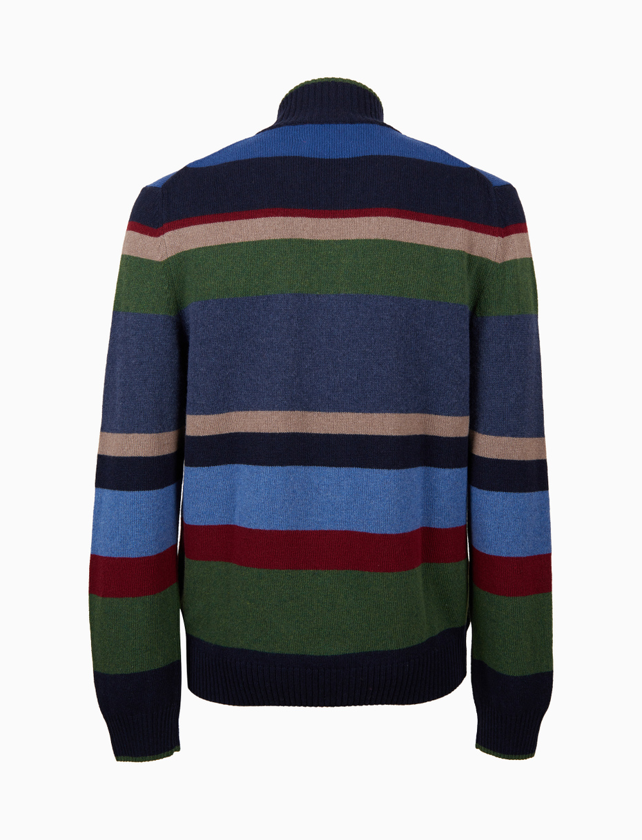 Men's blue wool, viscose and cashmere mock-neck with multicoloured stripes - Gallo 1927 - Official Online Shop