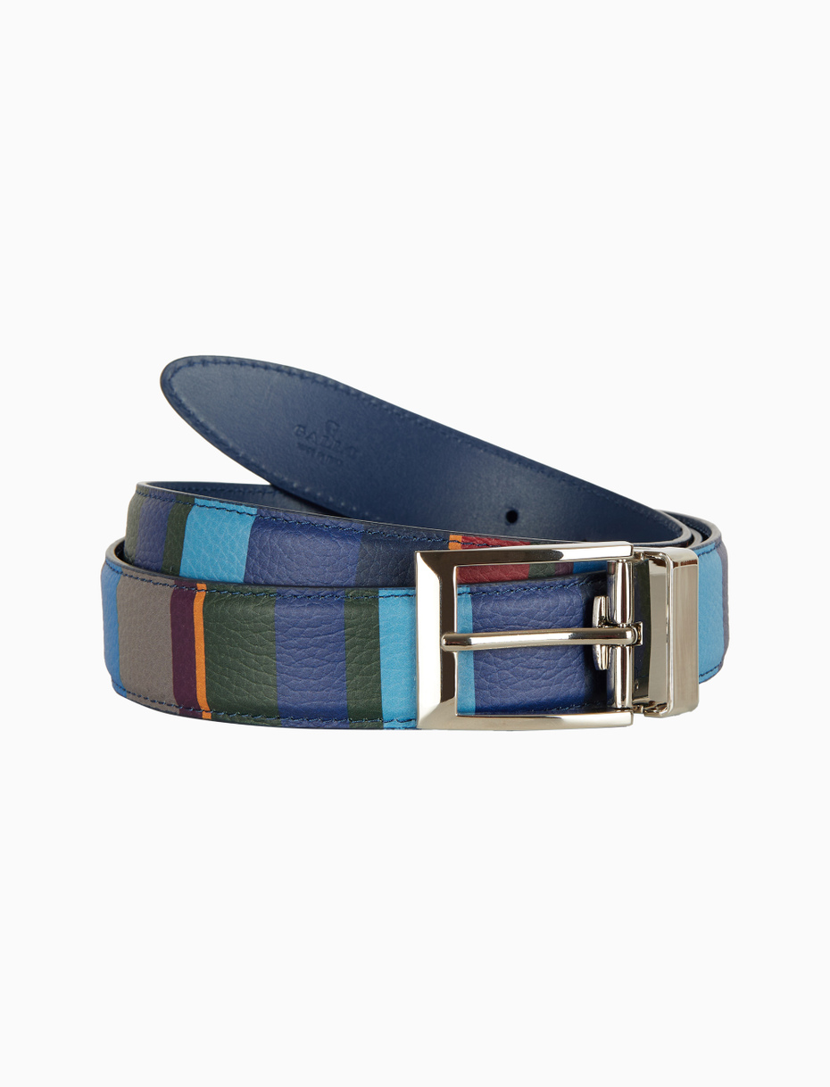 Unisex blue reversible and length-adjustable hammered leather belt with multicoloured stripes - Gallo 1927 - Official Online Shop