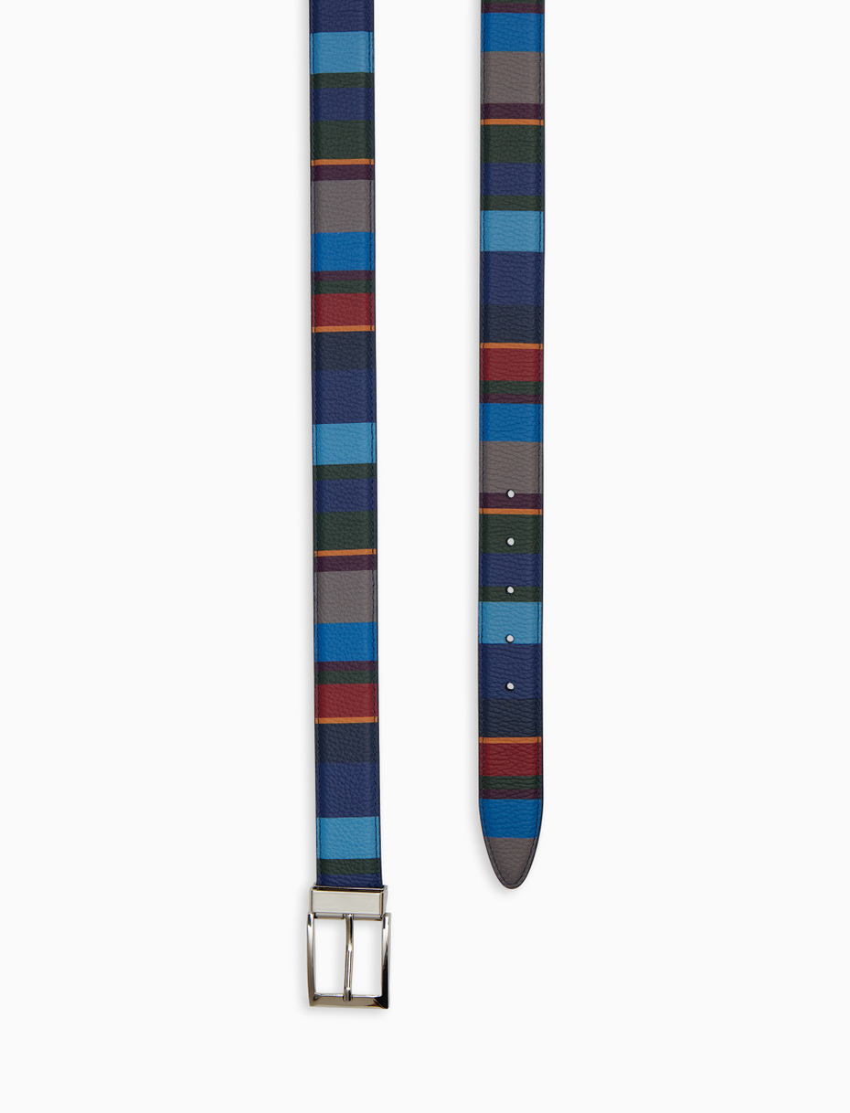 Unisex blue reversible and length-adjustable hammered leather belt with multicoloured stripes - Gallo 1927 - Official Online Shop